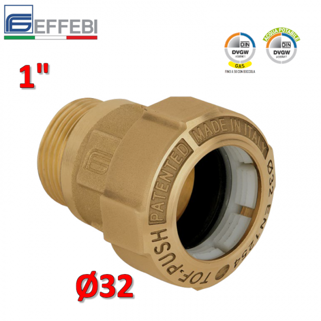 Simple brass TOF-PUSH fitting Ø 32 x 1'' male for PE - polyethylene pipe