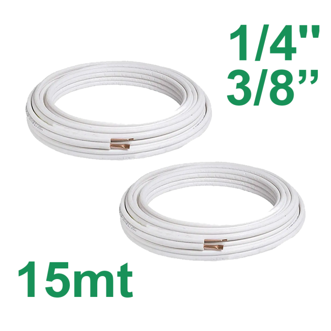 Paire de tuyaux en cuivre isolés de 15 m, 1/4'' et 3/8'', pour la climatisation.