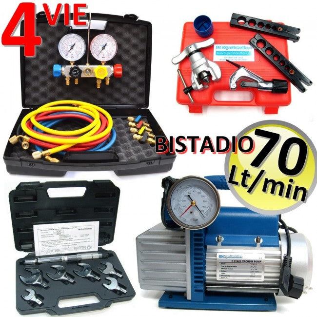 Kit de climatisation professionnel : pompe de 70 litres, jeu de manomètres 4 voies, outil d’évasement et clé dynamométrique