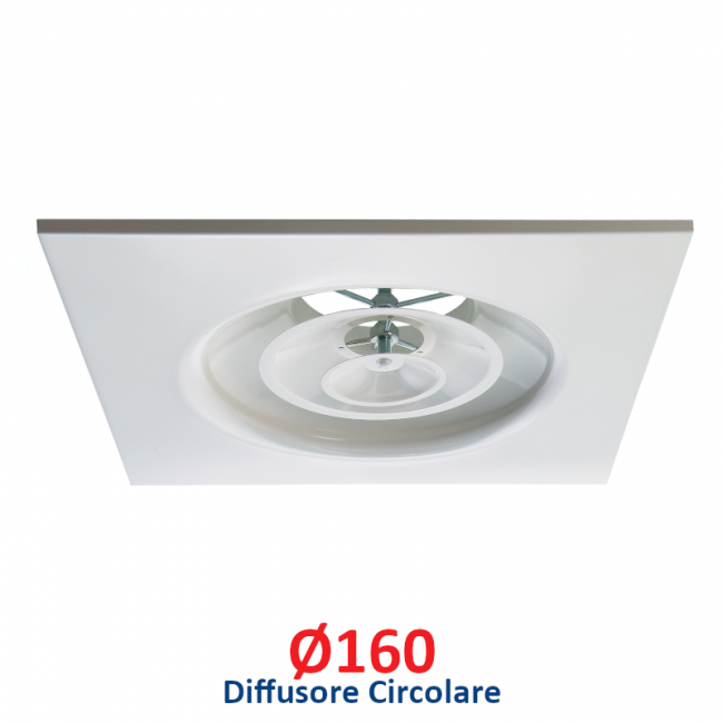 Diffuseur circulaire Ø 160 en aluminium blanc avec panneau de 60x60 cm, avec registre réglable pour faux plafonds