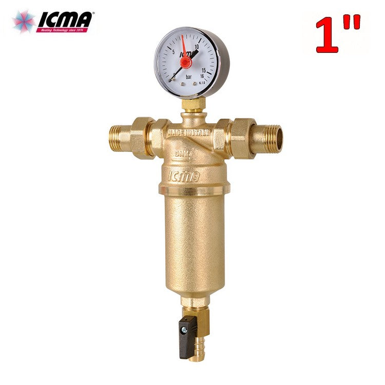 Filtre à eau autonettoyant ICMA en laiton de 1 pouce avec raccords M-M, manomètre et robinet de vidange