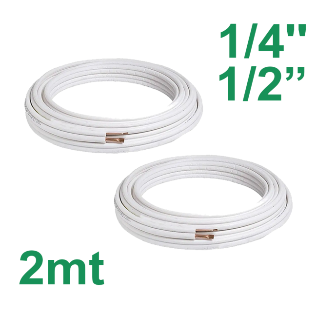Paire de tuyaux en cuivre isolés de 2 m, 1/4'' et 1/2'', pour la climatisation.