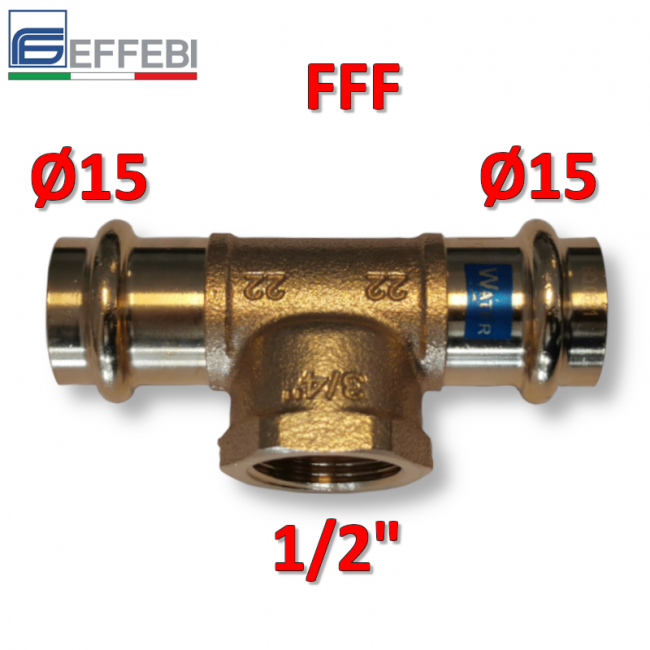 Raccord en T en bronze Ø 15 x F 1/2'' x 15 mm - UNIQUE raccord en cuivre à pression pour eau et gaz