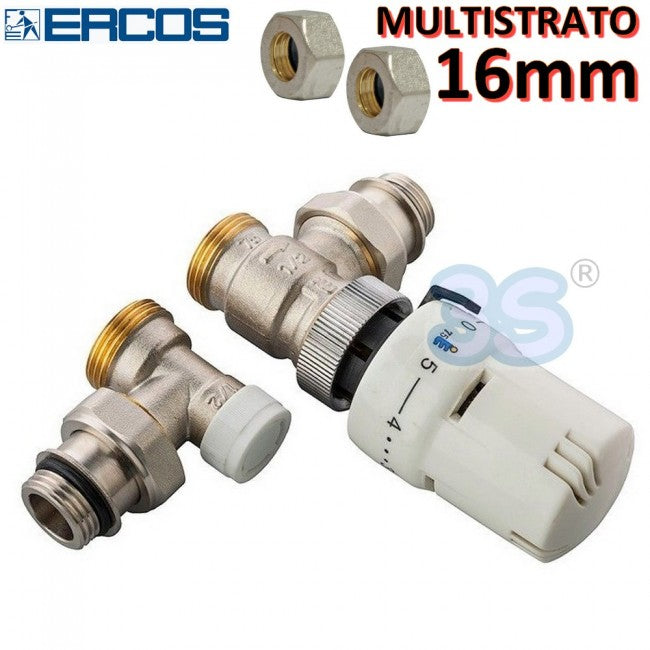 Vanne Ercos carrée 1/2'' et vanne d'arrêt avec tête thermostatique et adaptateurs pour tube multicouche 16x2mm