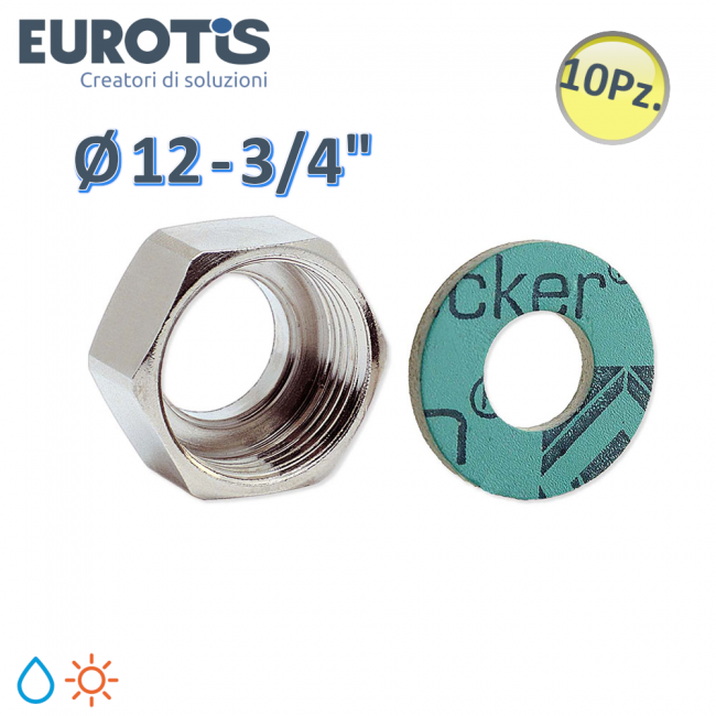 Jeu de 10 écrous réduits Ø 12 - 3/4'' en laiton nickelé avec siège spécial et joint plat CENTELLEN - Eurotis