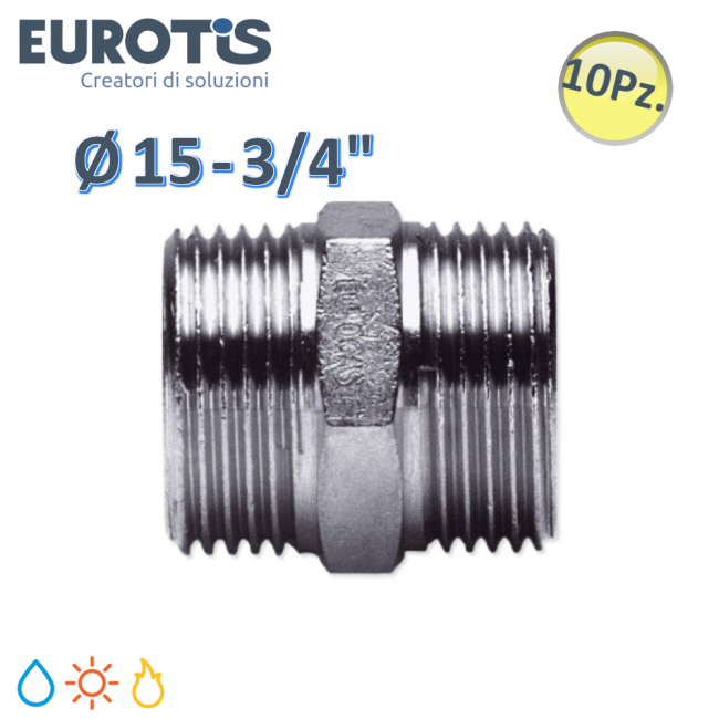Lot de 10 raccords Ø 15 - 3/4'' M/M en laiton nickelé à extrémité plate pour chauffe-eau solaire et gaz - Eurotis
