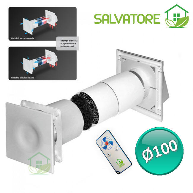 Unité de récupération de chaleur Salvatore pour chambre individuelle avec télécommande Ø100 - ventilation mécanique contrôlée