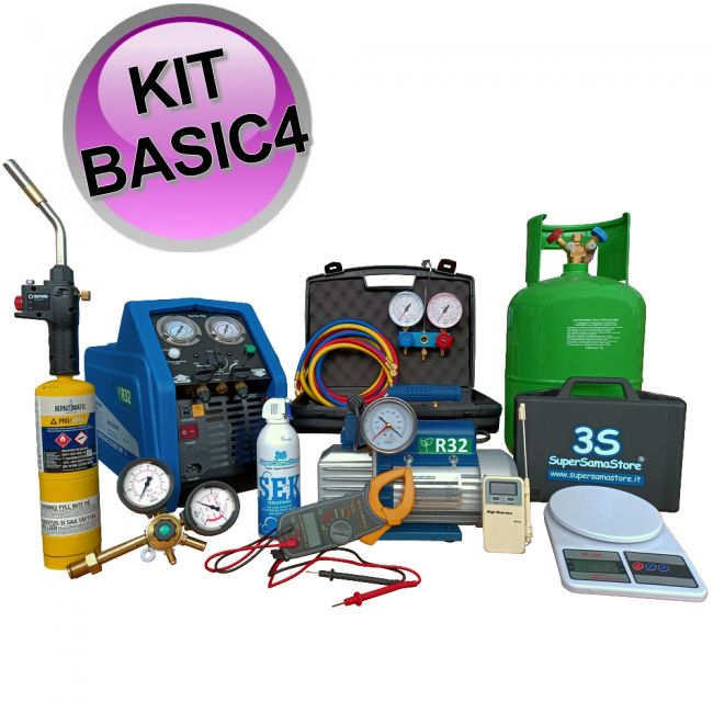 Kit d'équipement de réfrigération BASIC-4 avec unité de récupération, pompe à vide, balance, sonde ampérométrique, chalumeau et ...