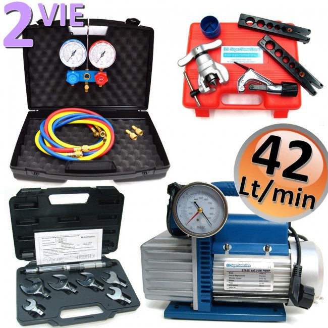 Kit de climatisation professionnel - Pompe 42 l, manomètre 2 voies, compatible R32, R410A, R134A et R407C