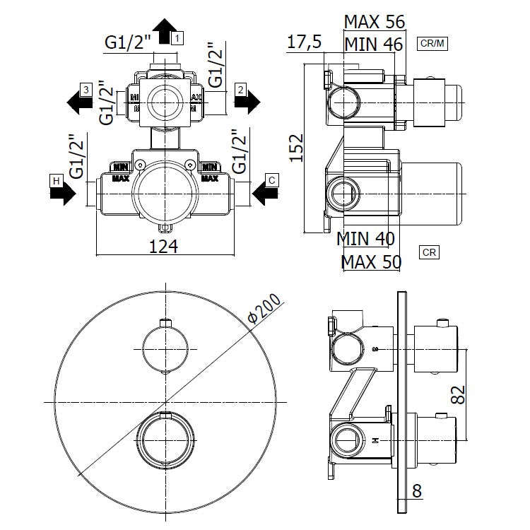 Built-in thermostatic shower mixer with 3-way diverter - LIQ019 CR LIGHT Paffoni round plate