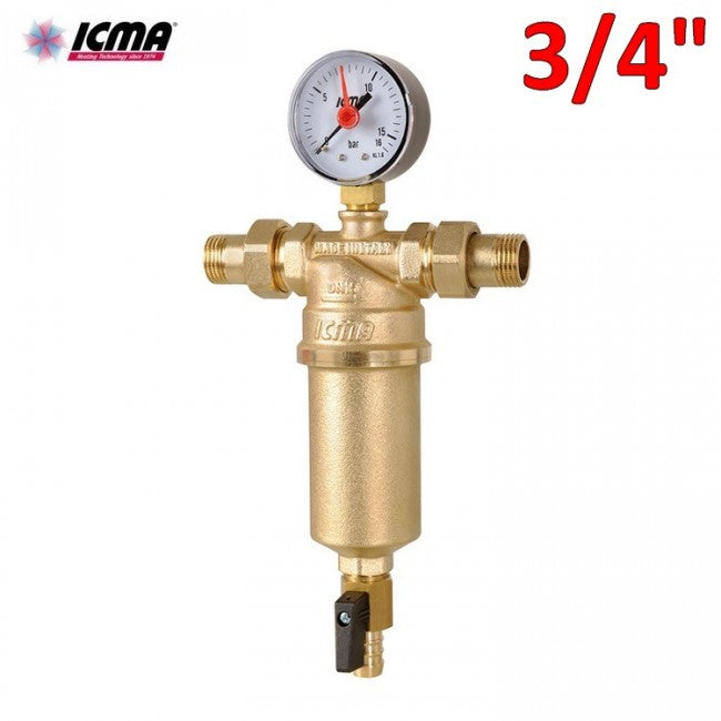 Filtre à eau autonettoyant ICMA en laiton 3/4'' avec raccords M-M, manomètre et robinet de vidange