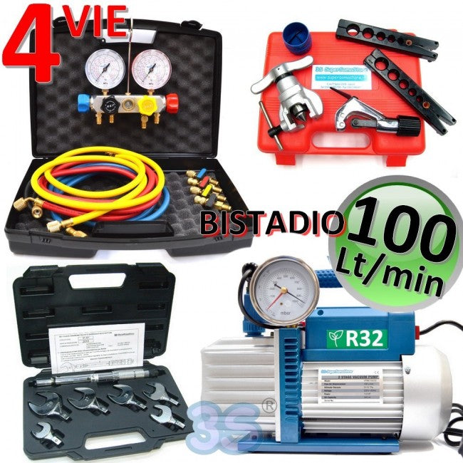 Kit professionnel comprenant une pompe à deux étages de 100 L homologuée pour le gaz R32, un jeu de manomètres à 4 voies, un outil d'évasement et une clé dynamométrique.
