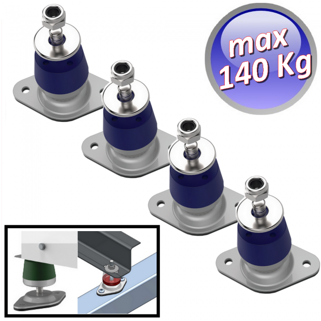 Tapis anti-vibrations Megol avec base réglable en hauteur, charge maximale 140 kg. Couleur bleue - Lot de 4