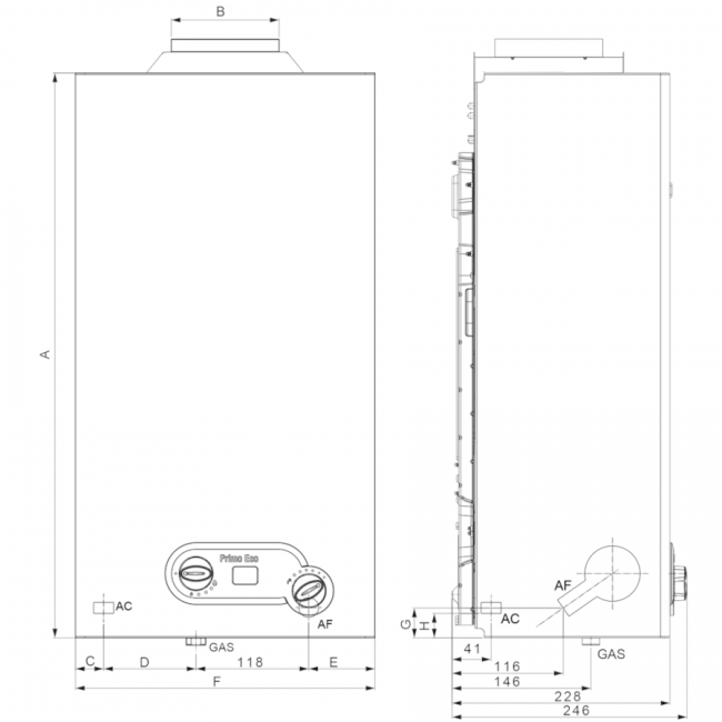 Chauffe-eau instantané à gaz INNOVATE PRIMO ECO 11 ic D GPL - 11 L à faibles émissions de NOx, avec chambre ouverte et allumage ionisé.