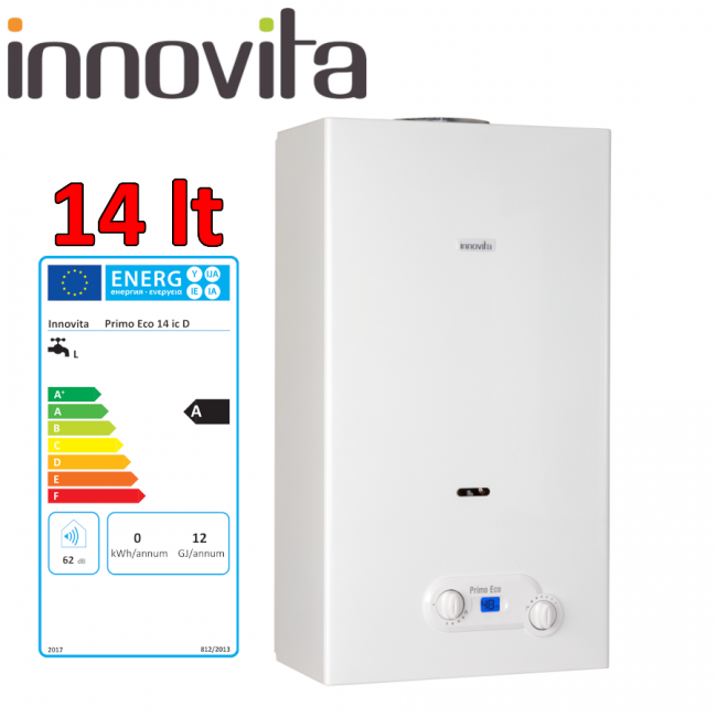 INNOVATE PRIMO ECO 14 ic D - Chauffe-eau instantané au méthane à faible émission de NOx, 14 L, à chambre ouverte et allumage par ionisation