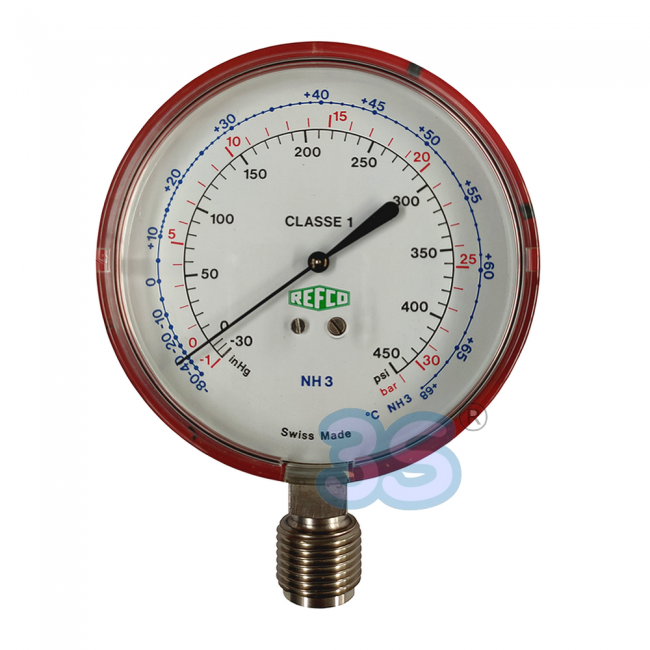 Manomètre REFCO pour ammoniac NH3, raccord gaz 1/2" - échelle -1/+30 bar -30 po Hg/+450 psi